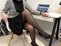 Pretty blonde mature Diana at the office in black pantyhose a steamy scene